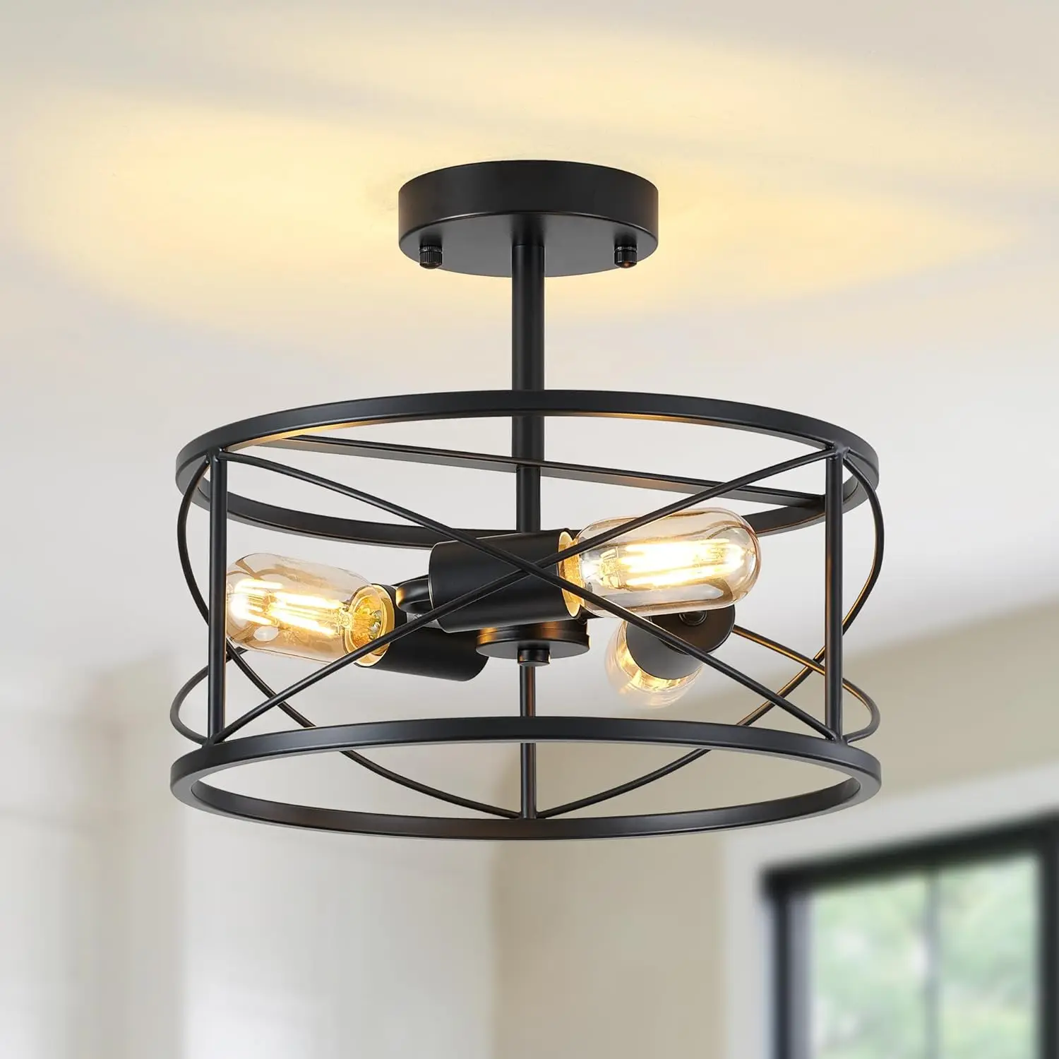 Farmhouse Semi Flush Mount lampu langit-langit, lampu langit-langit Vintage Metal Cage,12.59 "lampu dapur perlengkapan langit-langit