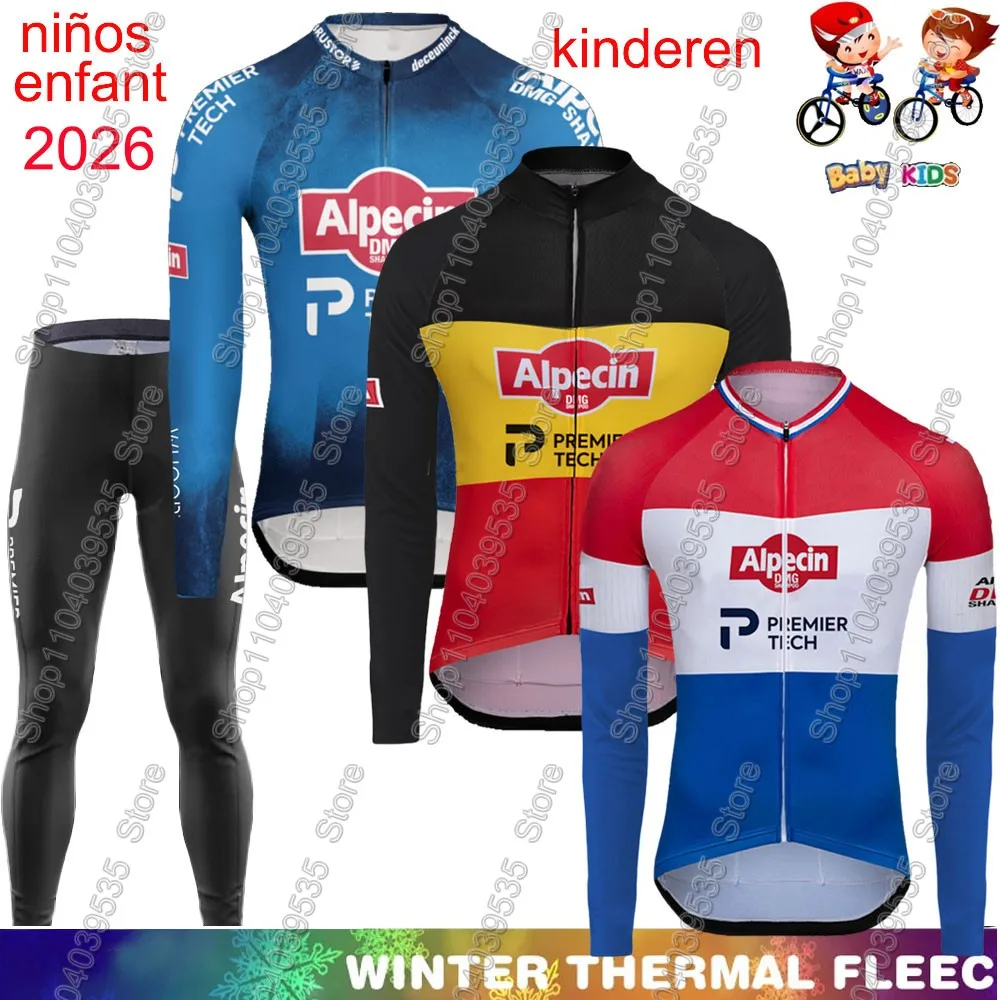 

Kids Alpecin Premier-Tech 2026 Belgium Winter Cycling Jersey Set Boys Girls Long Sleeve Cycling Clothing Suit MTB Bike Pants