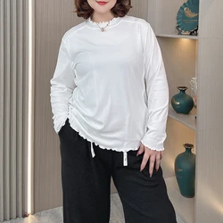 Women's Loose Ruffle Collar T-shirt, Long Sleeve, Basic Tops, Plus Size, Solid Color, New, Autumn