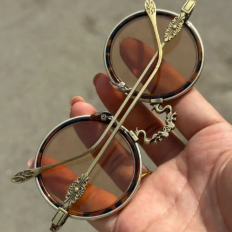 Old-fashioned antique nostalgia bronze frame decorative glasses vintage crystal round brown sunglasses classical handicrafts