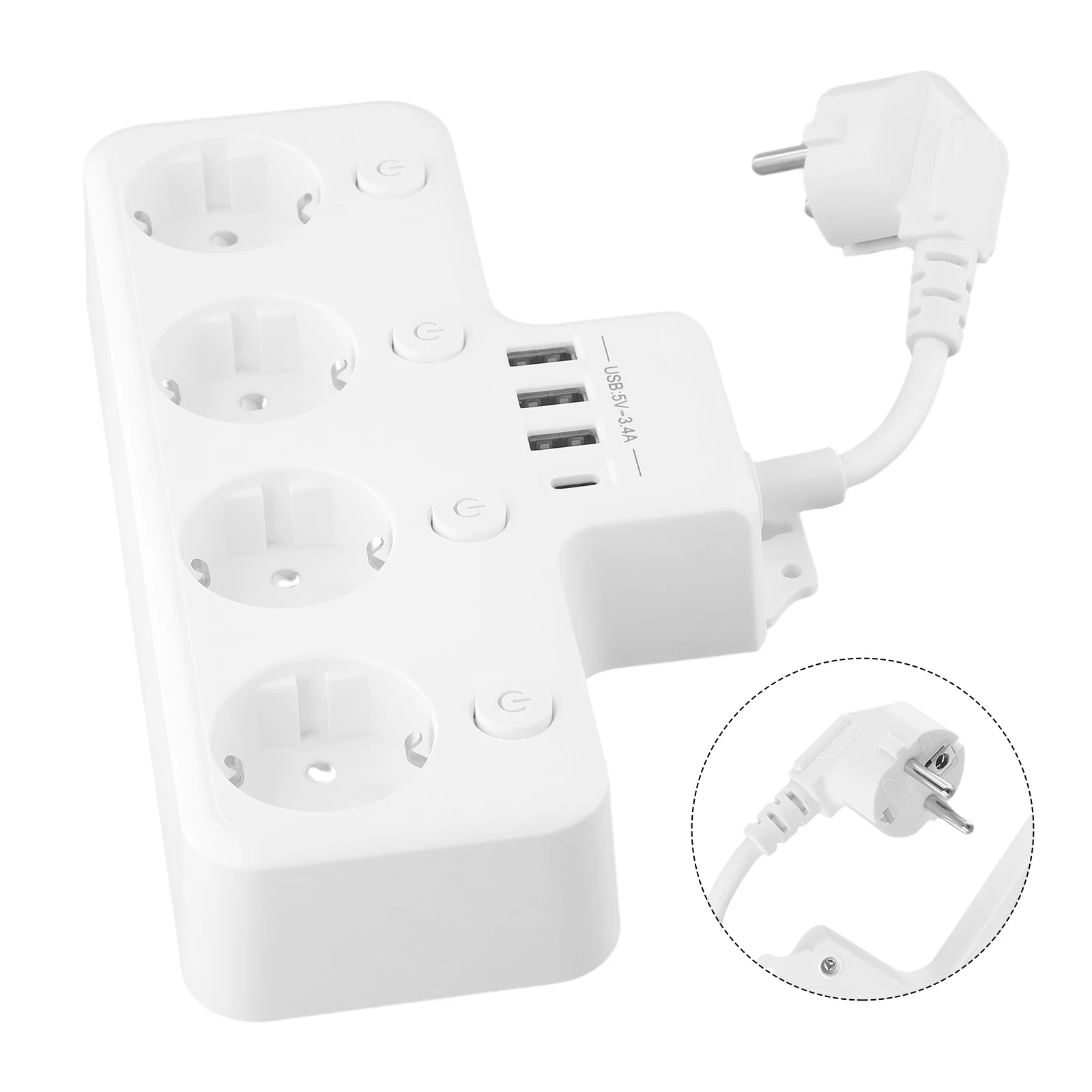 

Easy Wall Mounting Space Saving Design 4 Way Power Strip with Double Plug and Individually Switchable EU Sockets