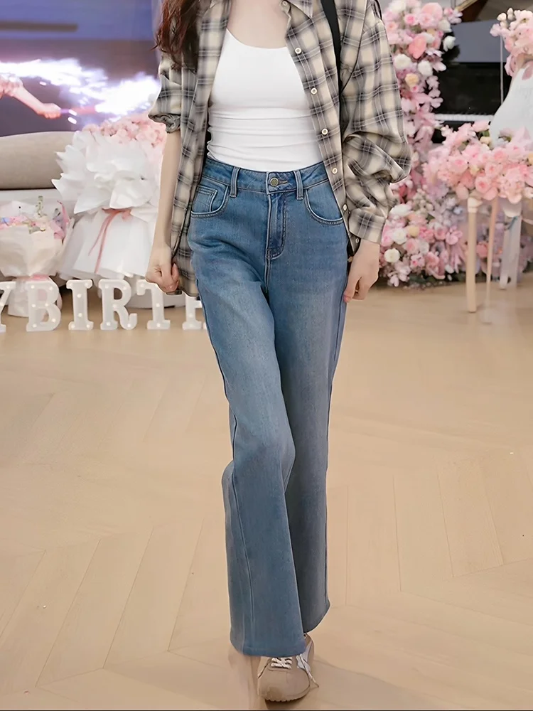 

OUDOEE High Waist Straight Leg Jeans Women's Faion Korean Sle Casual Pants Autumn Winter Wear Resistant Cotton Denim