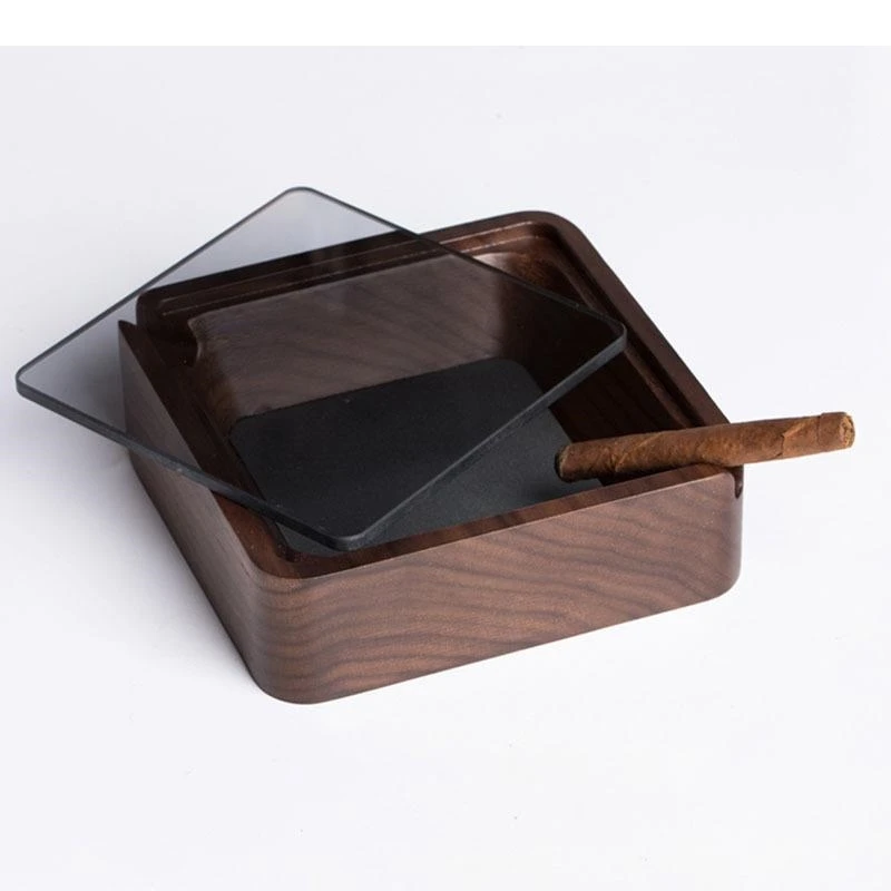 

Natural Black Walnut Wood Ashtray Windproof Double Slot with Lid Minimalist Home Cigar Ash Tray Gifts for Boyfriend