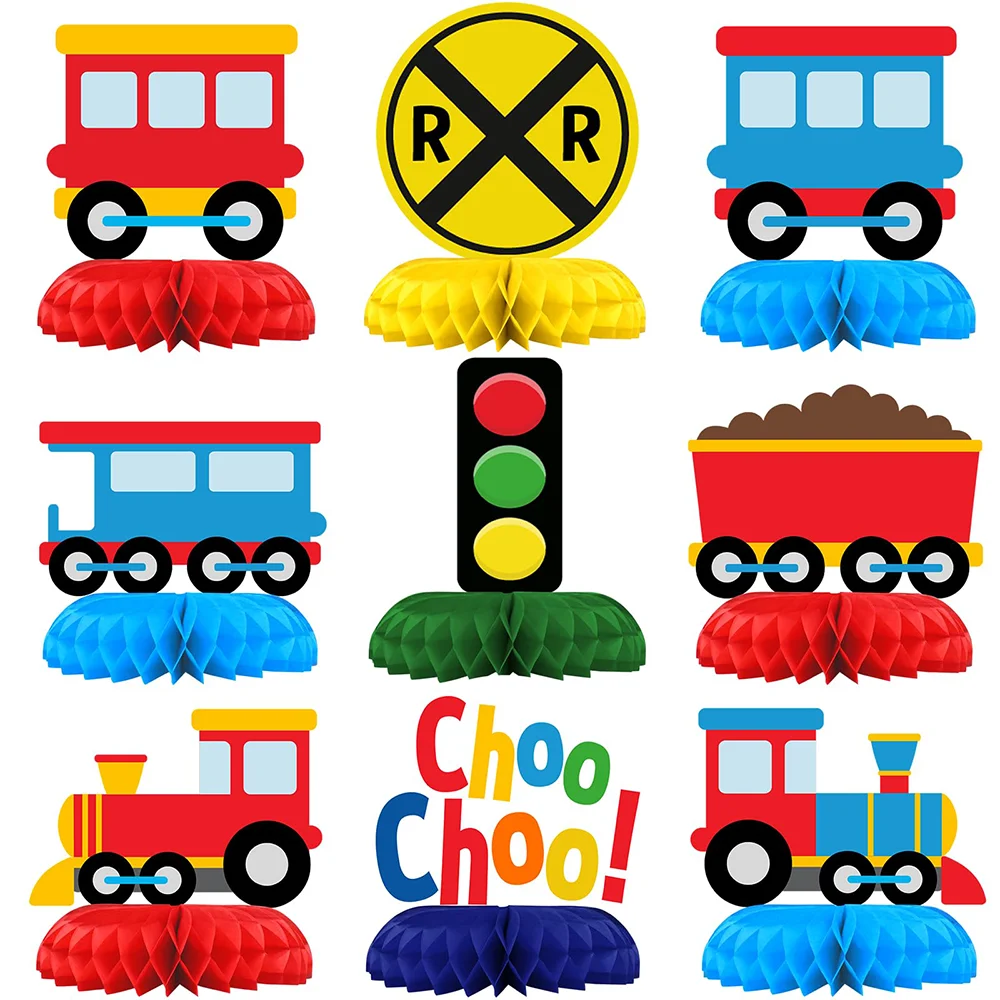 

9 Pcs Train Birthday Party Decor Railroad Train Crossing Train Centerpiece Table Honeycomb Sign Table Toppers Photo Booth Prop