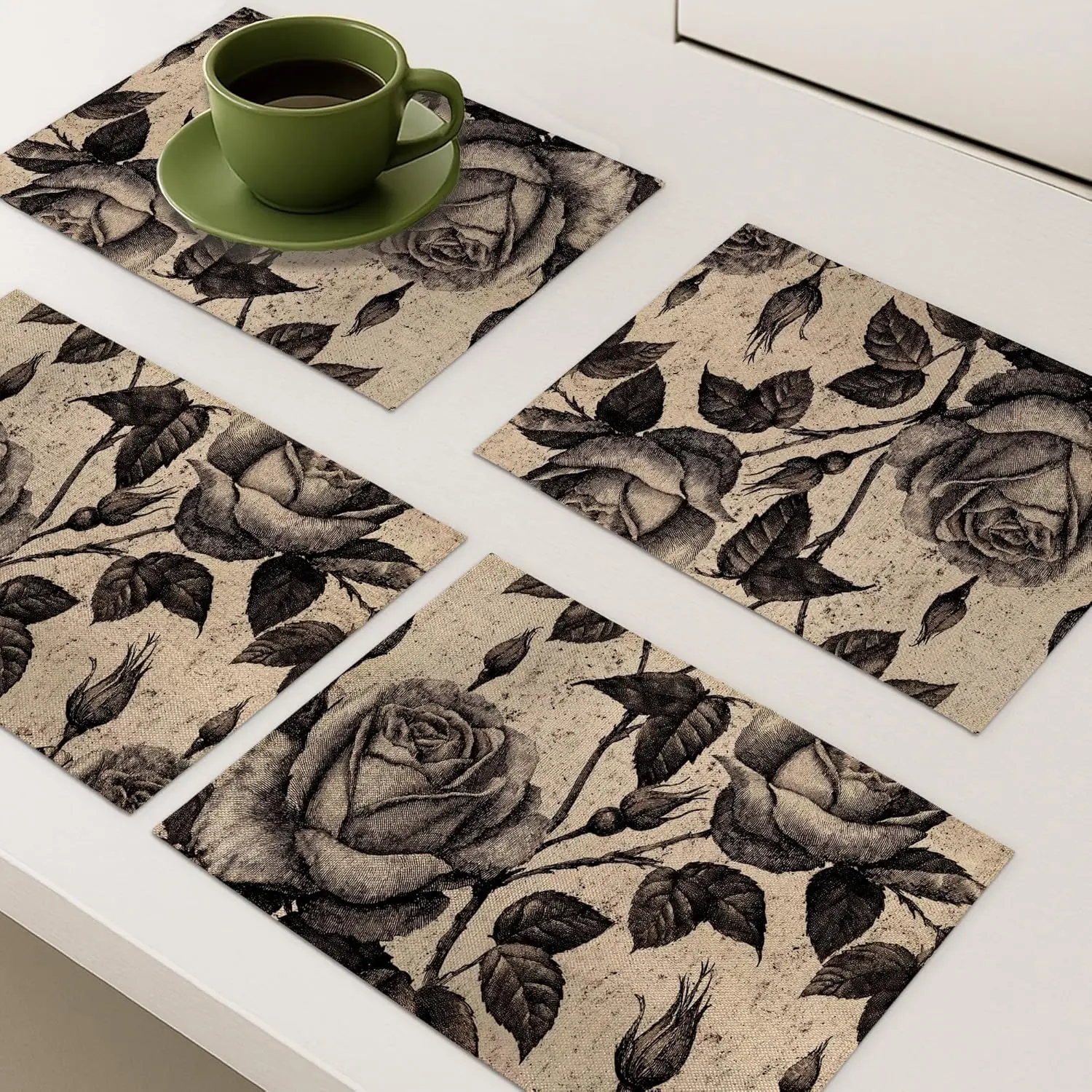

Винтажные салфетки с цветочными розами, черные и бежевые декоративные коврики для обеденного стола, нескользящие моющиеся в помещении и на открытом воздухе