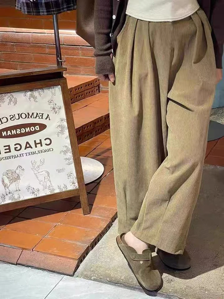 

Japanese Corduroy Pants for Women Autumn High Waist Loose Wide Leg Pants Y2K Winter Thick Warm All Match Harem Trousers Female