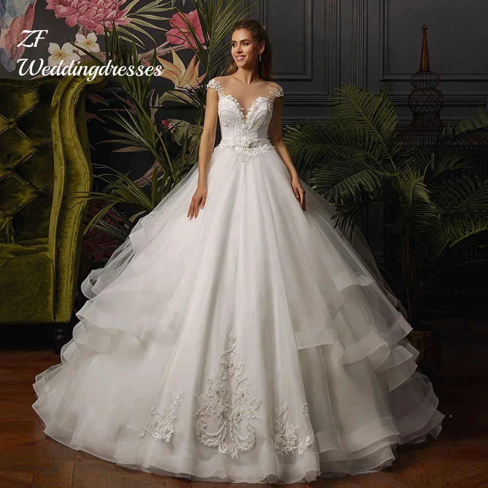 

Customized Elegant O-neck Lace Back Beading Pearls Flowers Gorgeous Princess Ball Gown Wedding Dresses Fashion Vestido Novia