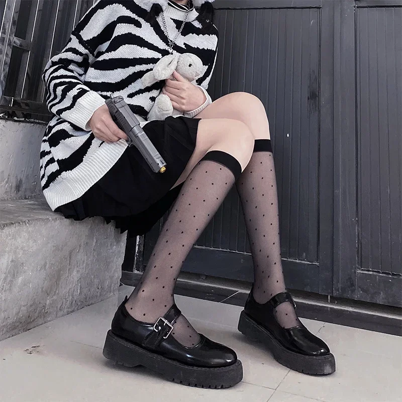 البولكا نقطة طباعة الجوارب الطويلة الملابس الداخلية مثير شبكة صيد السمك عالية الركبة جورب المرأة الصيف النايلون رقيقة شفافة لوليتا جوارب Kawaii