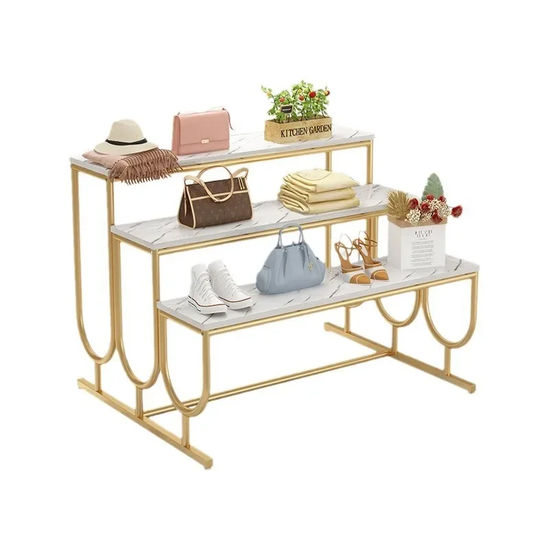 

Clothing store, Nakajima, display rack, gold, middle placement, high and low shoes and bags, stepped type