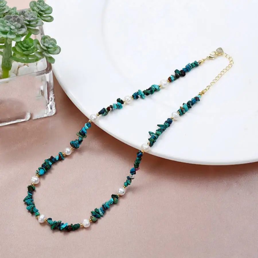 

Handmade Genuine Turquoise Irregular Chips & Pearl Beaded Necklace Gold Tone Chain Fashion Jewelry Gift for Her