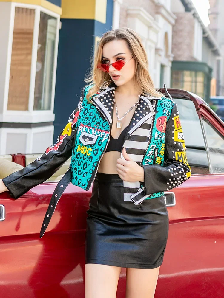 Cropped Motorcycle Leather Jacket Women 2024 Trend Streetwear Punk Contrast Color Graffiti Print Faux Leather Studded Jackets