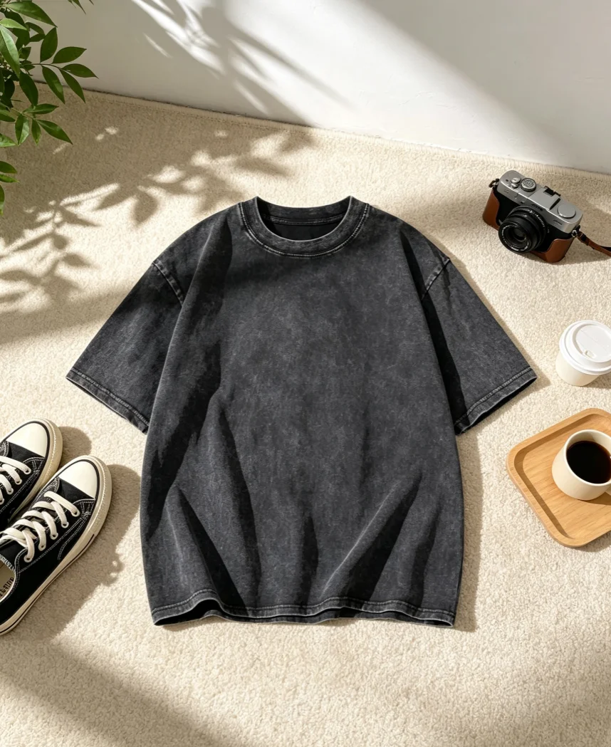 Hochwertiges Oversize-Herren-Sommer-T-Shirt aus Baumwolle, Vintage-Waschung, Kurzarm, Locker Geschnitten, Streetwear, Kurzarm-Oberteil – Detail 2