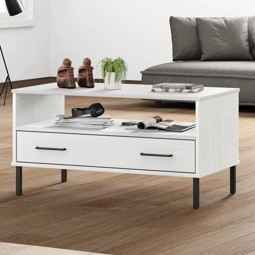 Coffee Table With Metal Legs White 33.5""X19.7""X17.7"" Solid Wood Oslo, End Tables, Living Table, Center Tables For Living