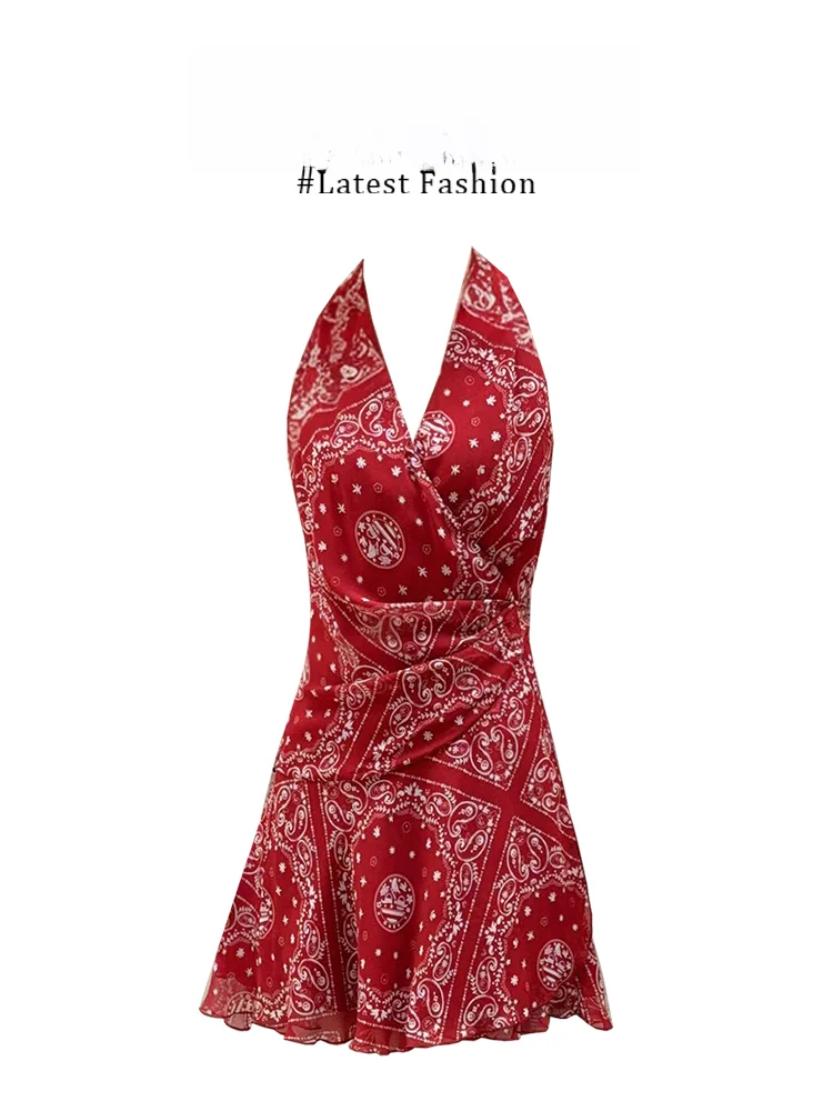 Vestido Curto Feminino Parkyeon2026 Novo de Verão Vermelho com Estampa de Flor de Coco, Cintura Marcada e Cinto, Estilo de Férias, Efeito Emagrecedor