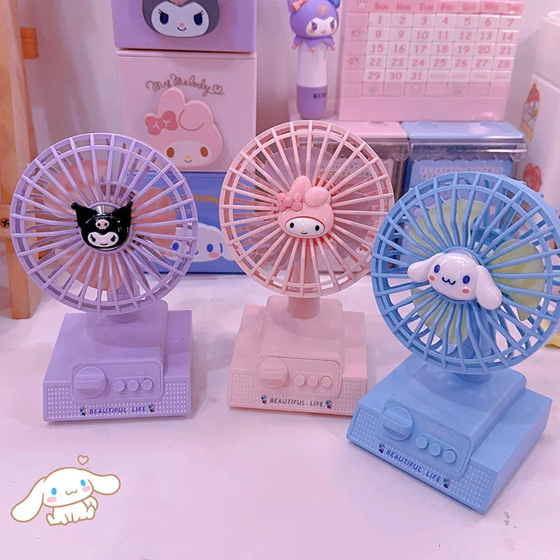 New Kawaii Desktop Fan Sanrio Mymelody Kuromi Cinnamoroll Cute Anime Three Speed Wind Power Bedroom Portable Fan Girls Gift