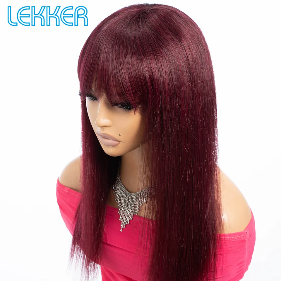 

Lekker 99J Burg Red Bone Straight Human Hair Wigs With Bangs For Women Brazilian Remy Hair Colored Ready to Wear 14"-22" Bob Wig