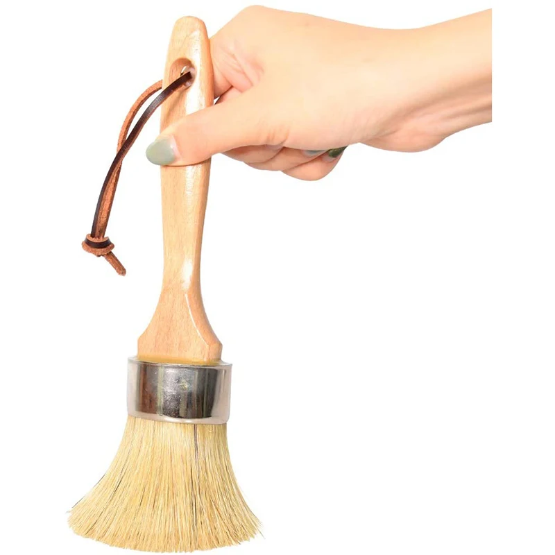 

ABJI-Chalk And Wax Paint Brush Large 2-In-1 Round Natural Bristles Painting Tool For DIY Furniture Stencils Home Decor