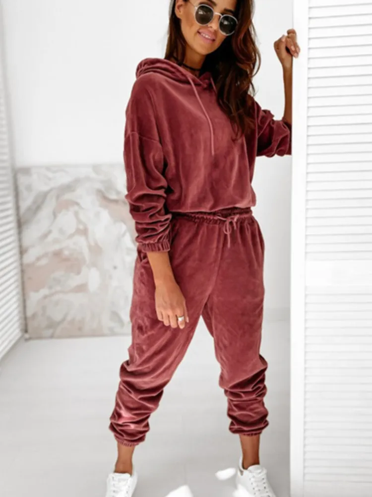 Autumn Velvet Women 2 Piece Set Casual Sport Outfits Hooded Sweatshirt + Pants Sets Spring Sportswear Fashion Suits Female