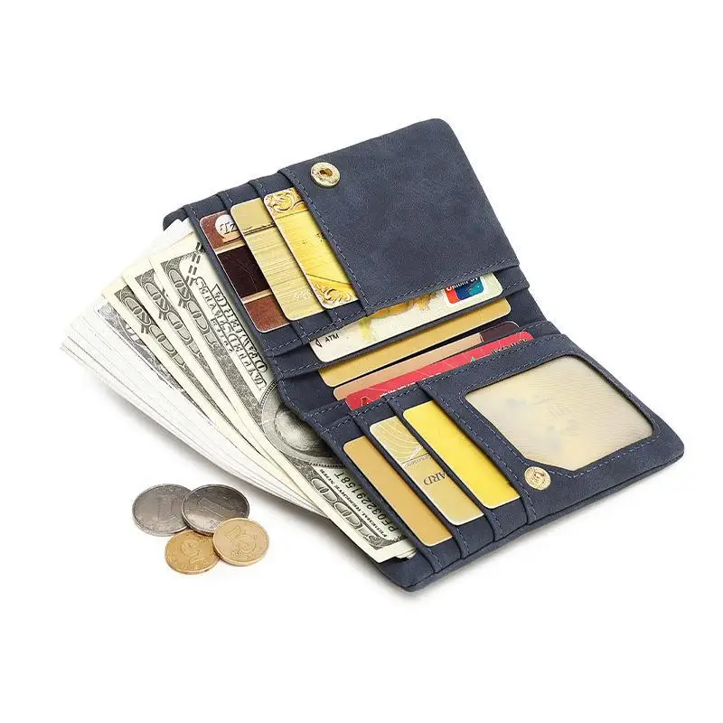 Dompet koin หนัง PU สั้นสีด้านสำหรับผู้หญิงกระเป๋าใส่บัตรเครดิตใส่บัตรอเนกประสงค์ย้อนยุคทนทานต่อการฉีกขาด