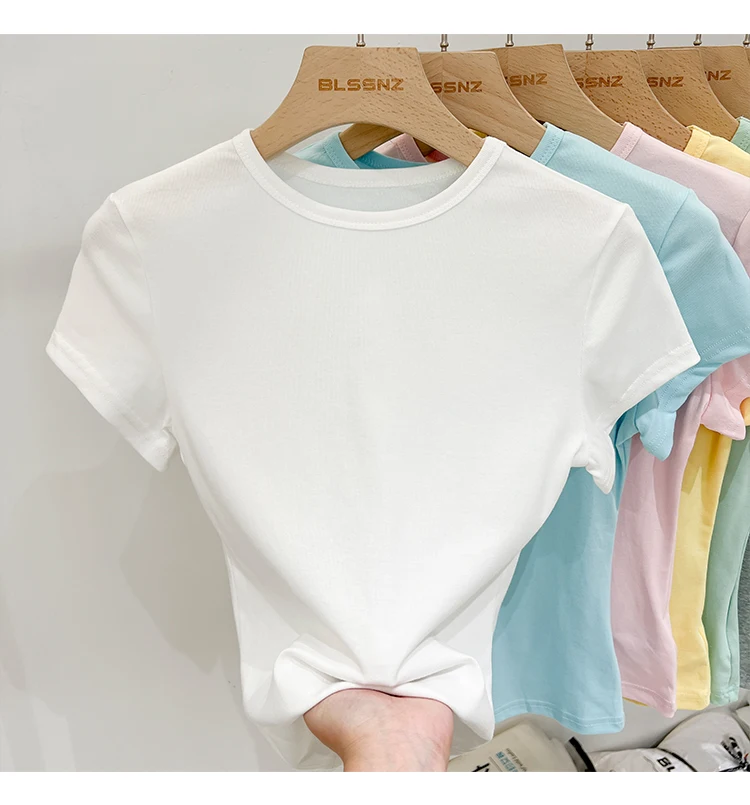 Zjaiss 2026 Sommer Neues Design Slim Fit Basic Top Trendiges Damen Baumwoll-Kurzarm-T-Shirt Einfarbig Vielseitiges O-Neck Tee – Detail 1