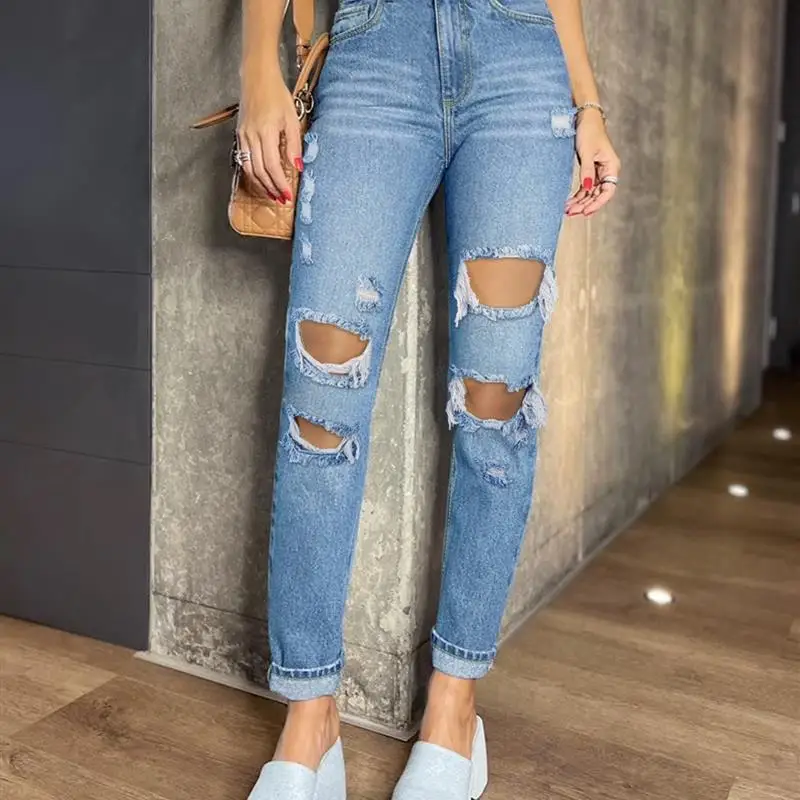 

Summer New Casual Waed Street Sle Women's Jeans Straight Leg Hole Punching Denim Pants Long Blue Color Faion Ladies