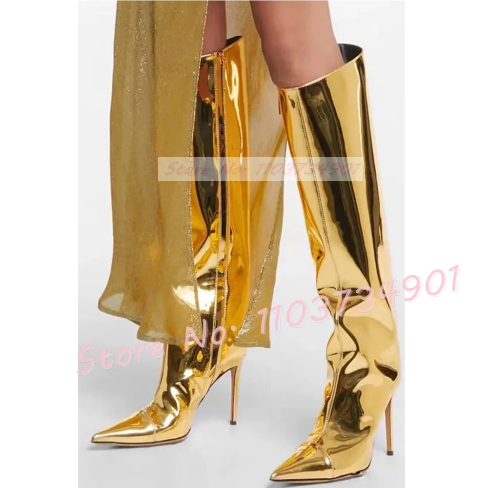 Mirrored Leather Boots Women Leggy Slim Party Zipper Pointed Toe High Heels Shoes Female Sexy Fashion Solid Satin Flock Boots image 3