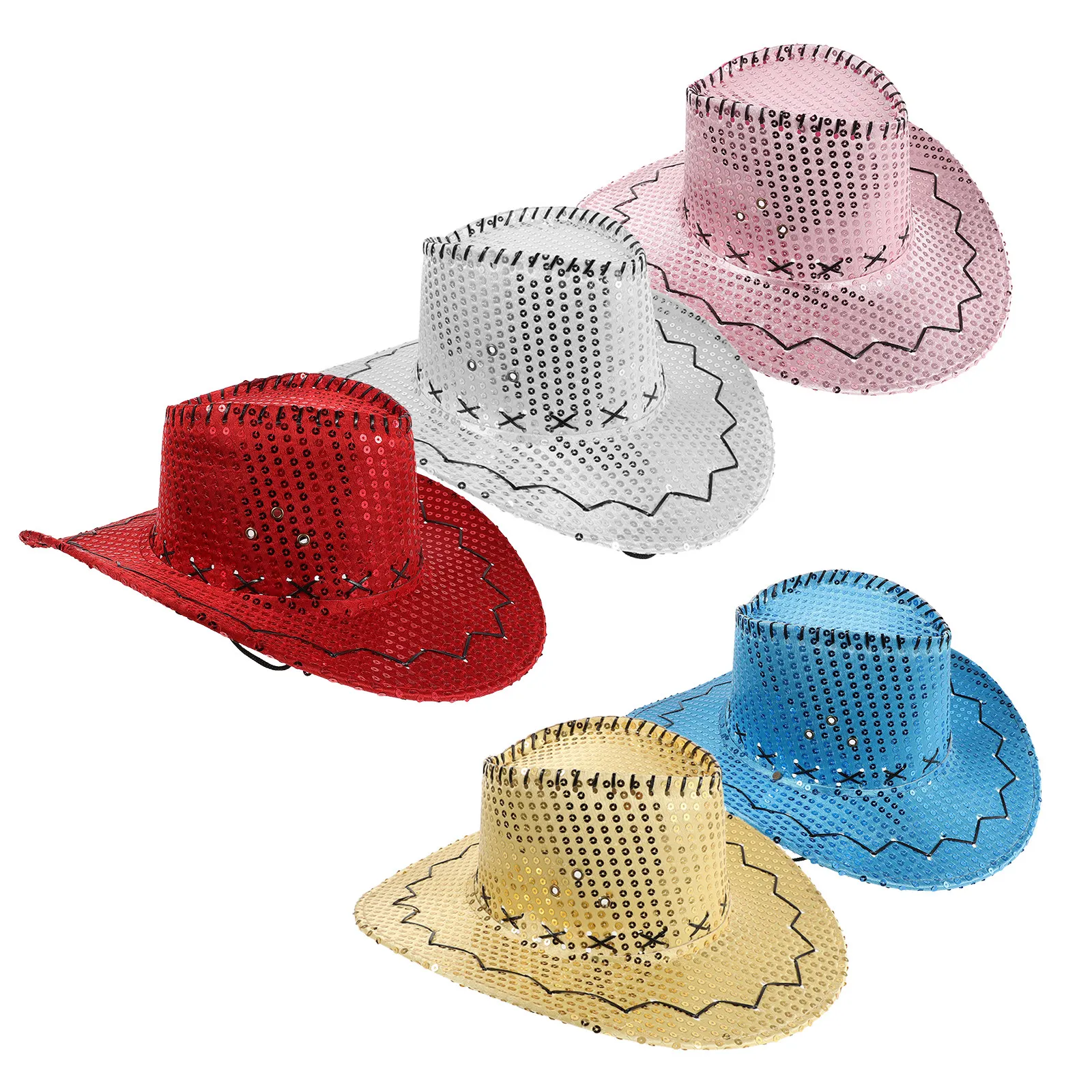 5Pcs Sparkly Sequin Cowboy Hat Set Wide Brim Glitter Cowgirl Party Hats for Western Themed Weddings Bachelorette Outdoor