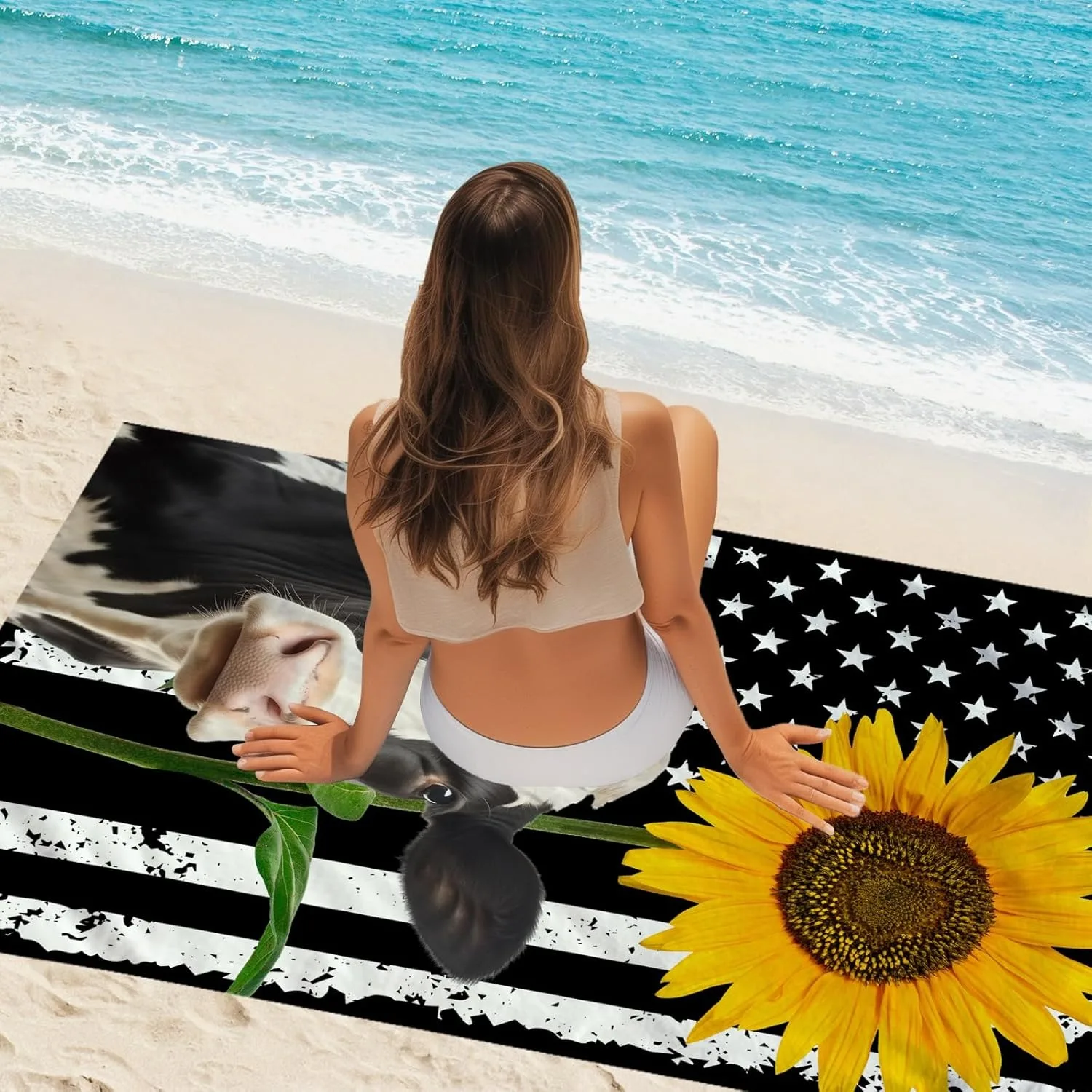 Cow Sunflower Beach Towel for Family stuffs friend Gifts Quick-Dry Sand free For Bath Yoga Tourism Beach Camping Swimming GYM