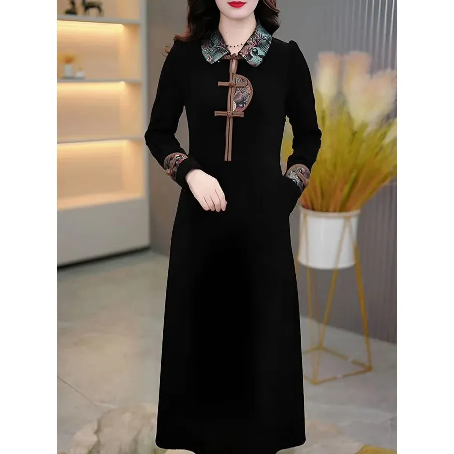 新しい中国のレトロな女性のドレス春秋の新しい高貴なゴールドベルベットプリントドレスビッグサイズ改良されたチャイナドレス黒 5XL