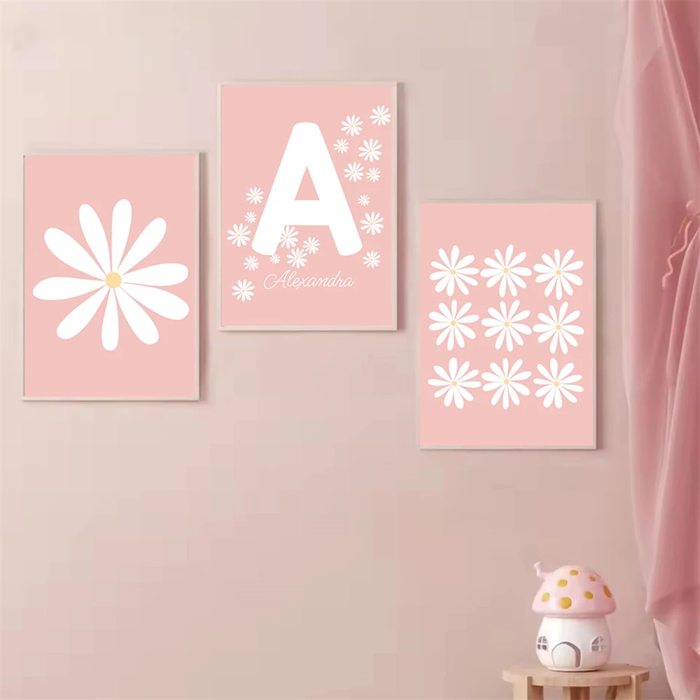 

Pink Baby Girl Personalized Name Poster Custom Daisy Canvas Painting Nursery Wall Art Print Nordic Wall Pictures Kids Room Decor