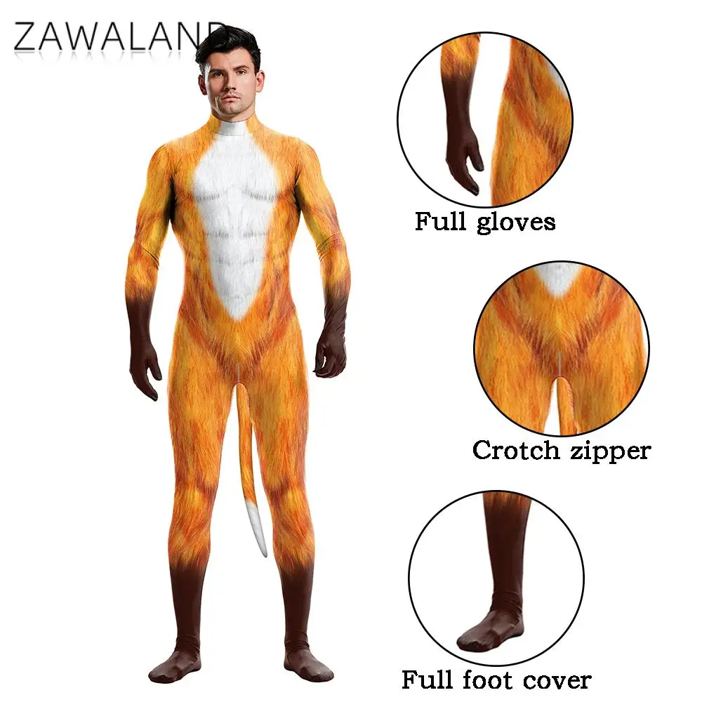 

Zawaland Creative Cosplay Petsuit Fox Print Animal Costume Spandex Zentai with tail Stretch Full Cover Bodysuits Outfits