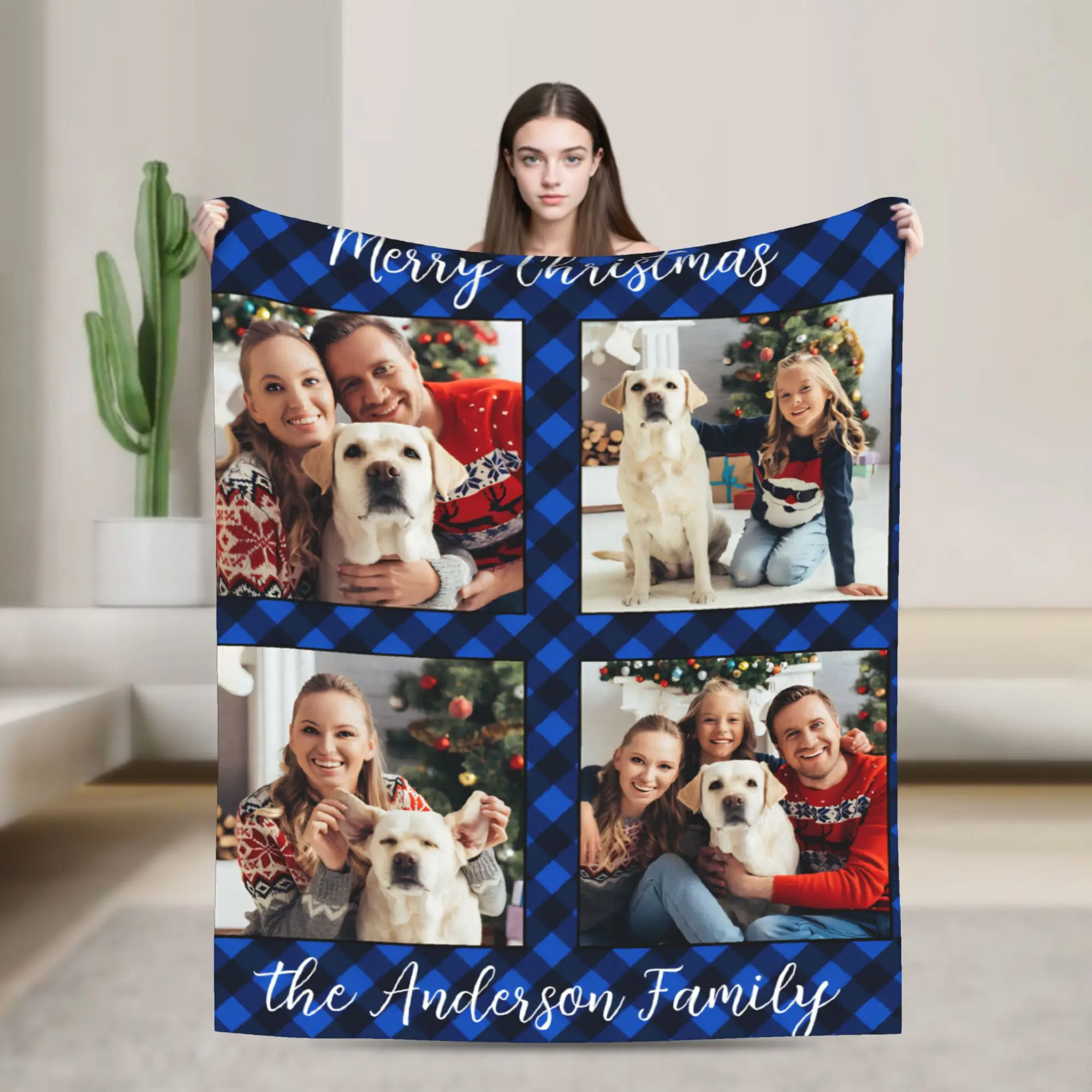 Family 4 Pictures Personalized Plaid Christmas Knitted Blankets Fleece  Super Soft Throw Blanket for Outdoor Travel Bedspread