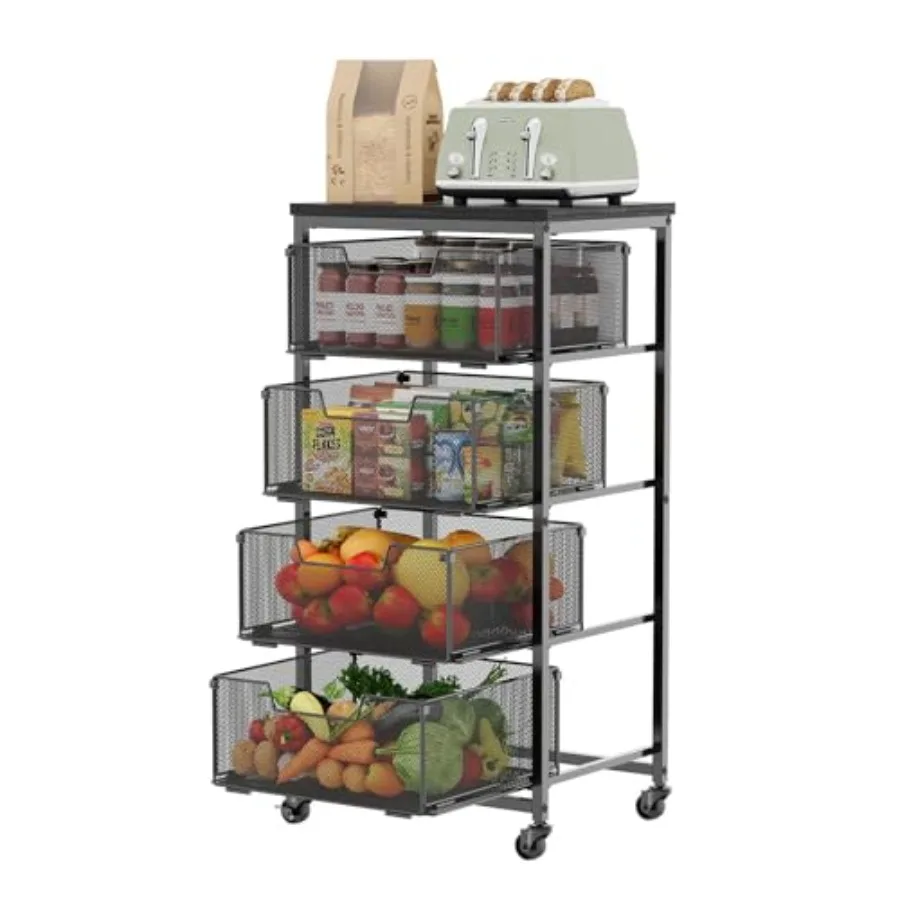 

4Tier Fruit Vegetable Storage Cart Kitchen Organizer and Storage Cart with Wheels Wooden Top Metal Wire Fruit Vegetable Rack St