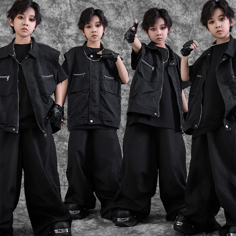 

Hip Hop Dance Costume Black Stage Suit For Boys Shuffle Pants School Performance Jazz Outfit Kids Street Dance Clothing VDL3944