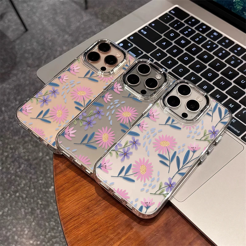 Custodia per telefono con motivo floreale per iPhone 17 Air 13 11 12 14 15 Pro Max 16e XR XS X 7 8 Plus Cover con cornice per obiettivo argento antiurto