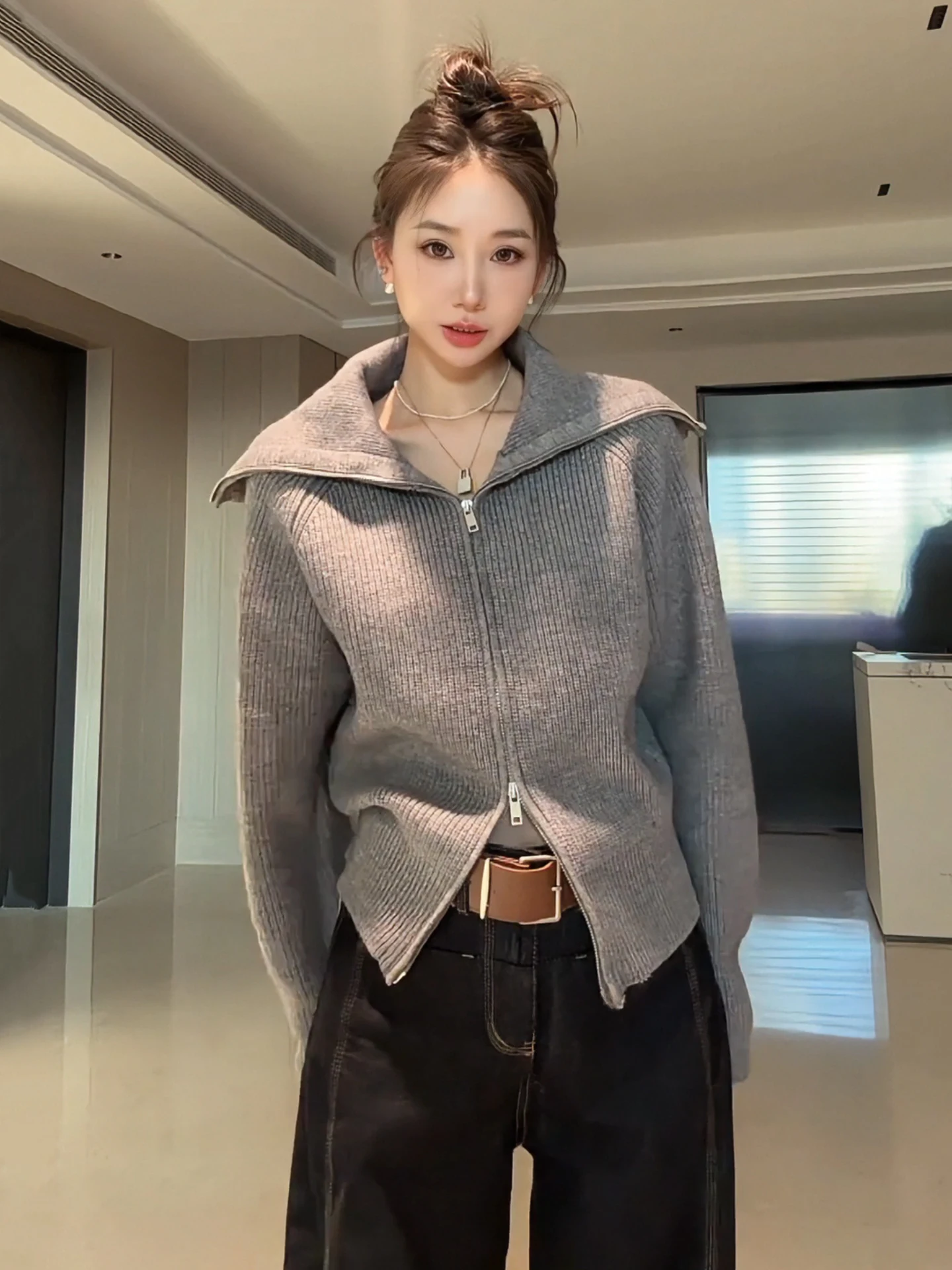 

plus Size Women's Knitted Cardigan Double Zipper Casual Korean Style Spring Autumn Sweater Coat Comfortable Medium Thickness
