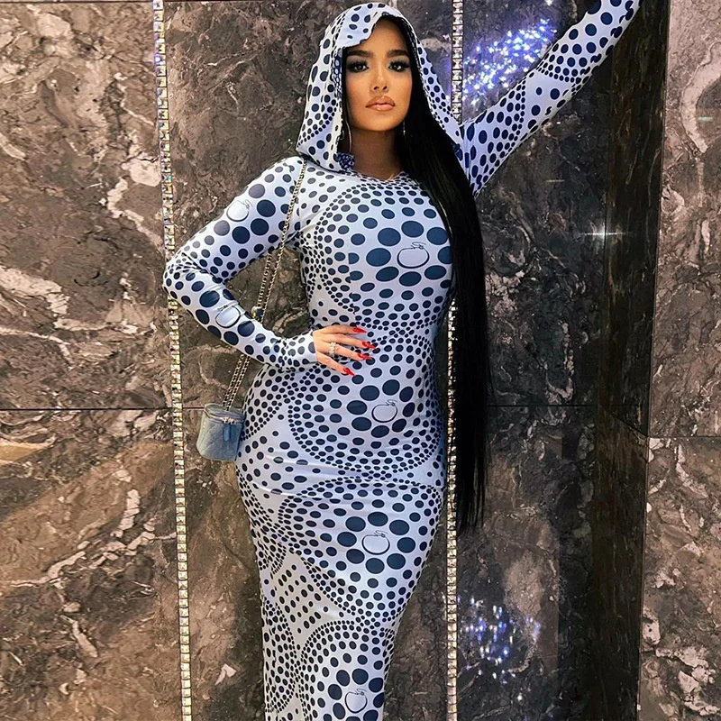 

Fashion Dot Print Hooded Dress Long Sleeve Wrapped Hip Slim Fit Dress Street Y2K Sexy Club Party Outfits For Women