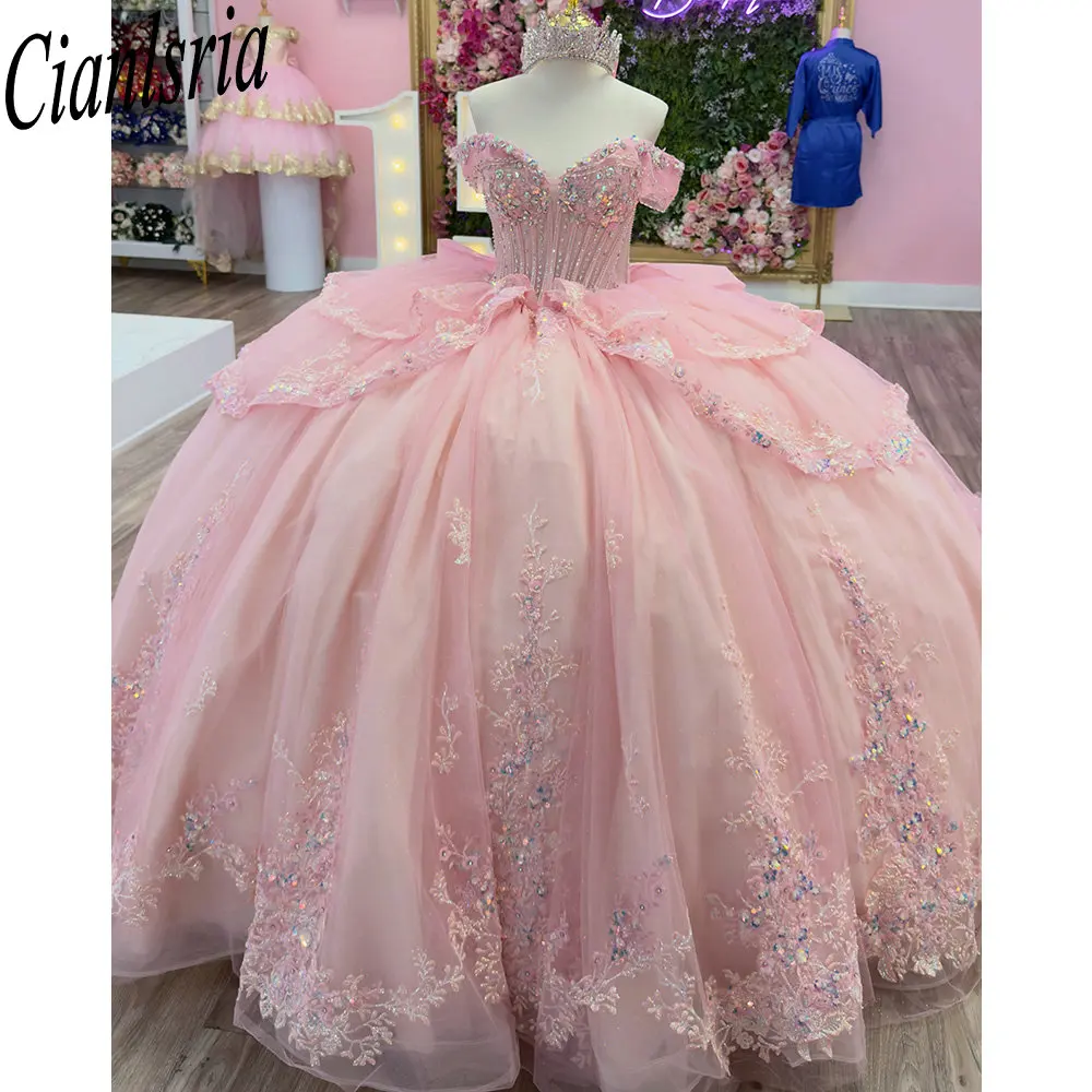 Blush Pink Quinceanera Dresses Off Shoulder Beaded Corset Big Bow Sweet 15 Sweet 16 Girls Birthday Ball Gown Vestidos De XV Anos
