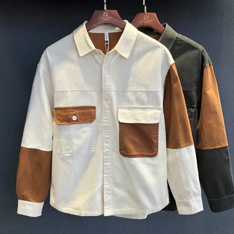 Men's Long-sleeved Work Shirt Retro Spring and Autumn New Casual Loose Splicing Contrast Shirt