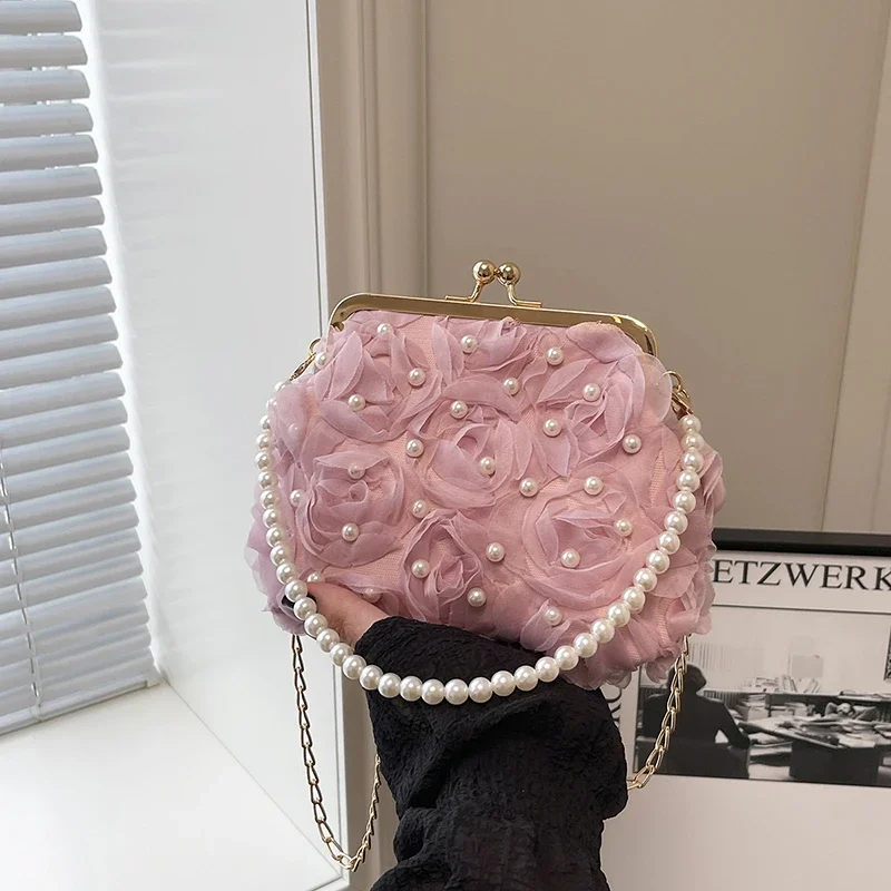 

Fashion Solid Color Flower Decoration Chains Shoulder Bags 2025 Summer New Versatile Commute Youth Women's Crossbody Bags