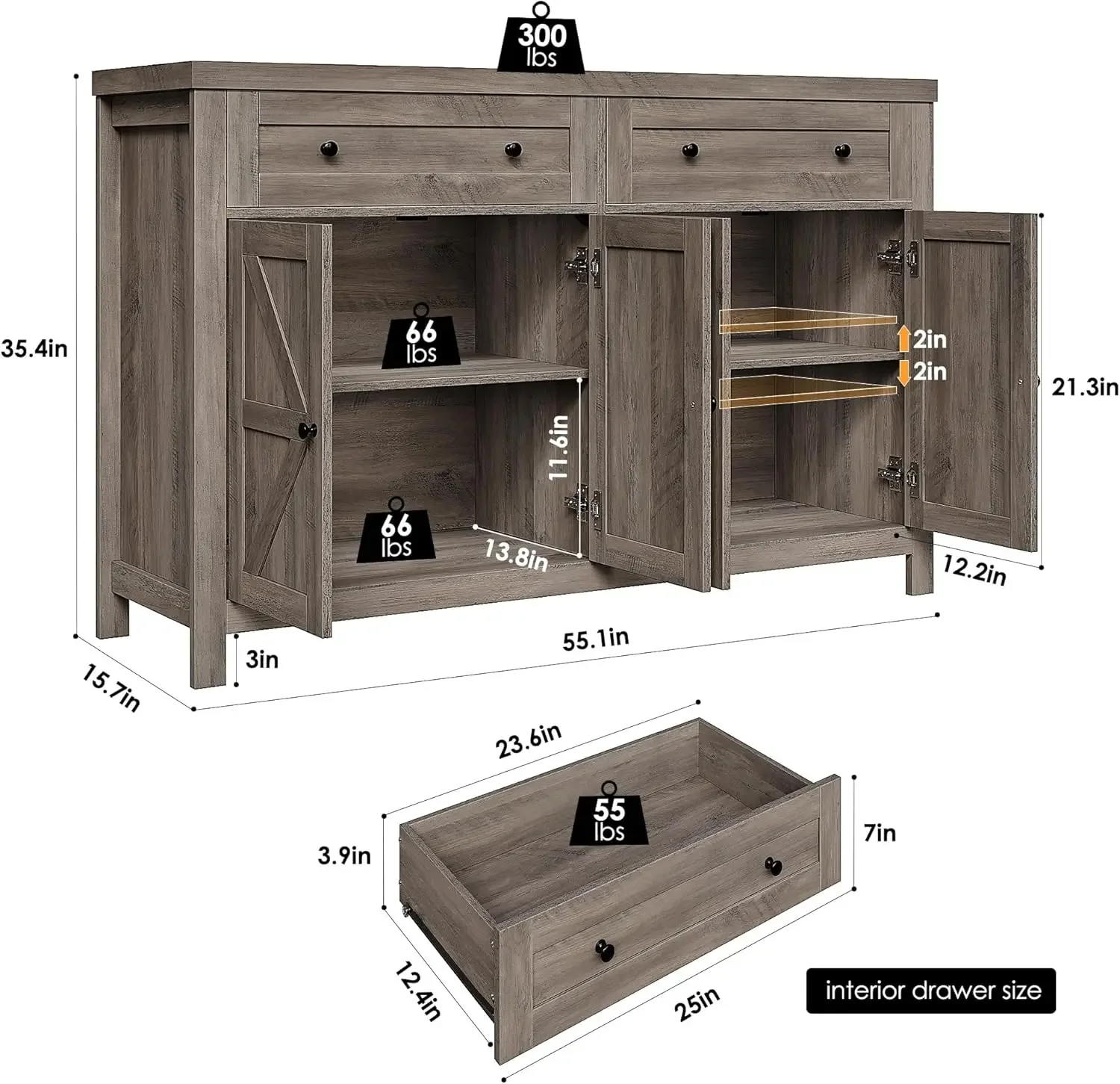 HOSTACK-Armário Buffet com Armazenamento, Armário com Gavetas e Prateleiras, Porta de Celeiro, Modern Farmhouse Coffee Bar, 55"