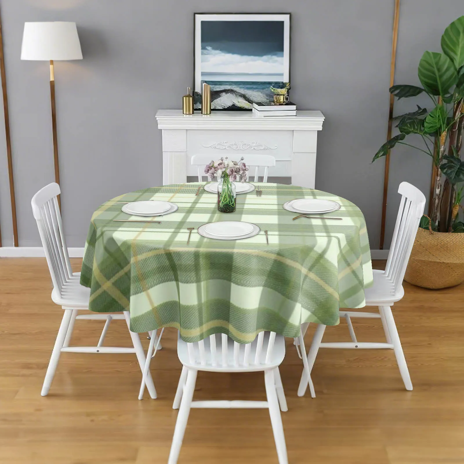 1pc Green-checkered [2D flat printing] circular tablecloth - Mandala style -zyc