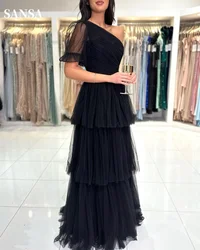 Sansa Black Tulle Prom Dresses One Shoulder A-line vestidos de noche Elegant Sleeveless Floor-Length Formal Evening 2024