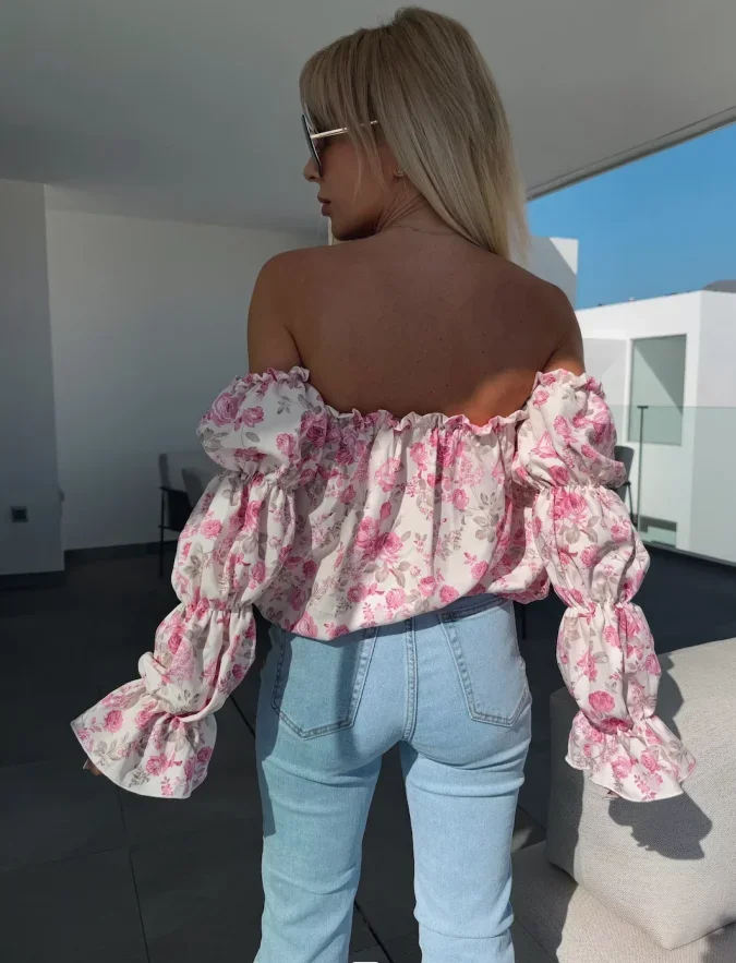 Women Off Shoulder Floral Blouse Ruffle Trim Puff Long Sleeve Loose Fit Rose Print Casual Bardot Top
