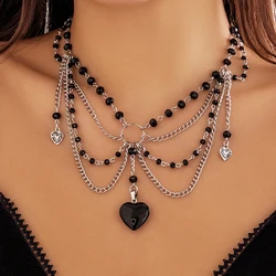 PuRui New Goth Crystal Beads Tassel Choker for Women Black Glass Heart Pendant Necklace Jewelry On The Neck Punk Girls Party