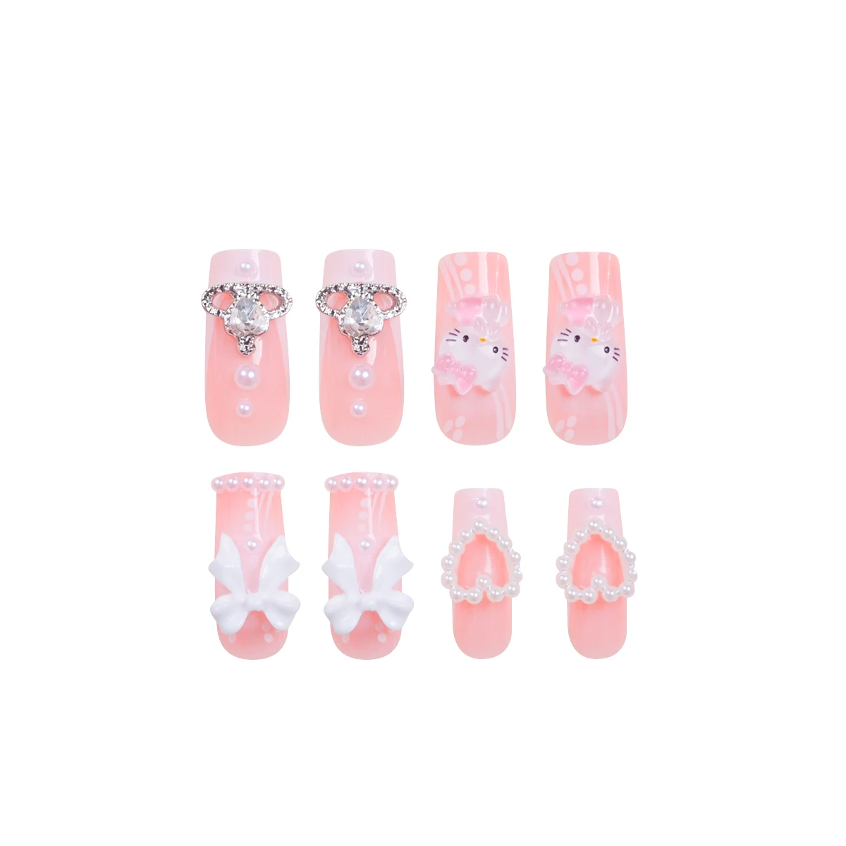 귀여운 헬로 키티 3D 드릴, 흰색 활 드릴, 중간 및 긴 사각형 네일 패치, 흰색 프렌치, 24 개