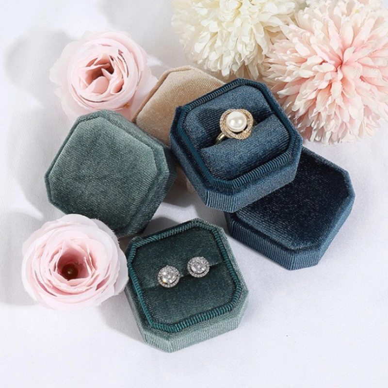 Vintage Octagon Korean Flannel Jewelry Box Velvet Ring Earring Pendant Storage Box Engagement Proposal Gift Case