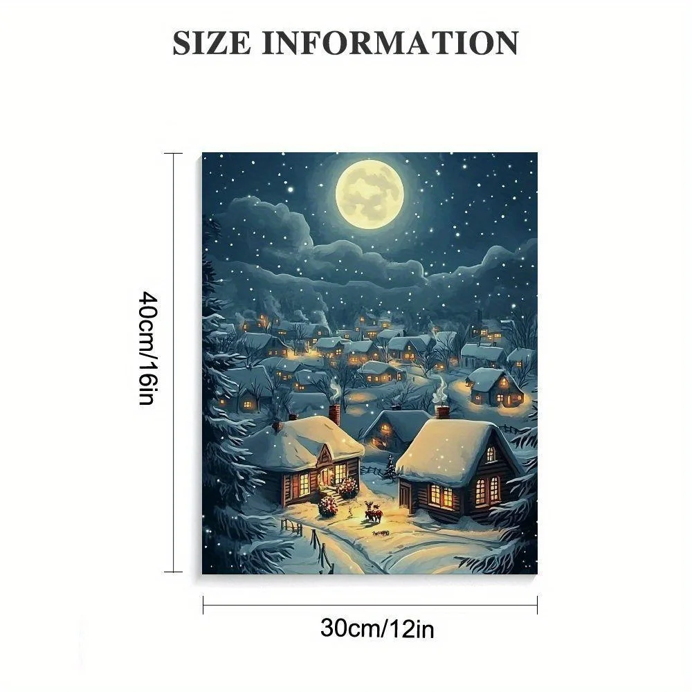 1PC Winter Snow Landscape Christmas Village Mural Snowy Night Cottage Lighting Art Decoration Warm Winter Ambience Canvas Frame