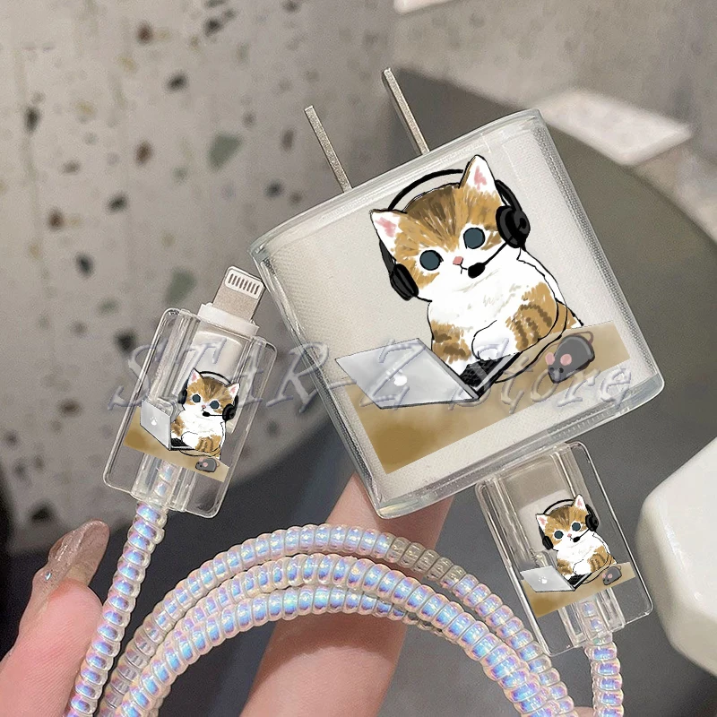 Kawaii لطيف القطط هريرة حافظة حماية واضحة آيفون 15 14 13 برو ماكس 18/20 واط شاحن وشحن حامي سلك البيانات اللفاف