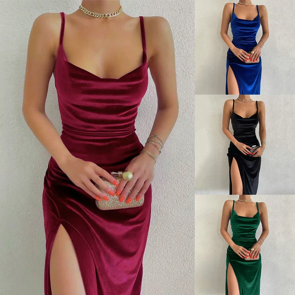 Modna sukienka Bez rękawów Lekko rozciągliwy Jednolity kolor Dekolt w kształcie litery V Maxi Regularny Seksowny Bodycon 1 szt. 95% poliester 5% elastan